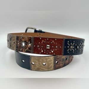 FOSSIL Sunset Leather Patchwork Belt Large Metallic Embossed Studded Boho